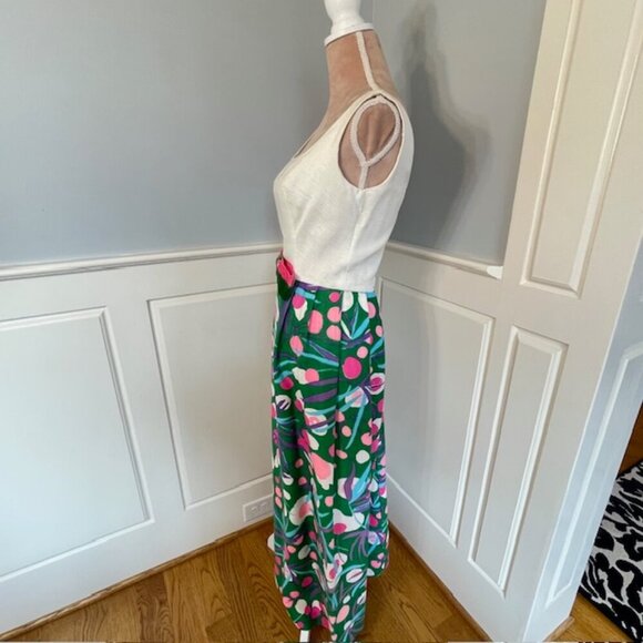 Vintage 1960's Linen Pink & Green Linen Floral High Waist Maxi Dress Vibrant - Picture 6 of 11